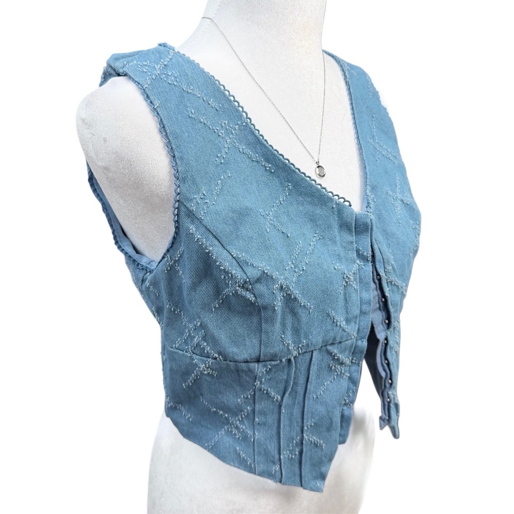 Kirious Cotton Denim Corset Vest Blue Distressed Lace Trim Medium Boho Festival